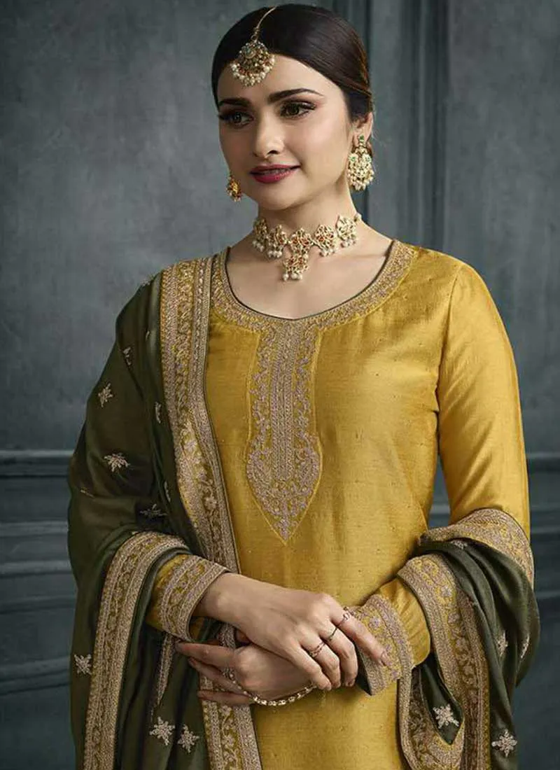 Yellow And Olive Green Embroidery Festive Palazzo Suit