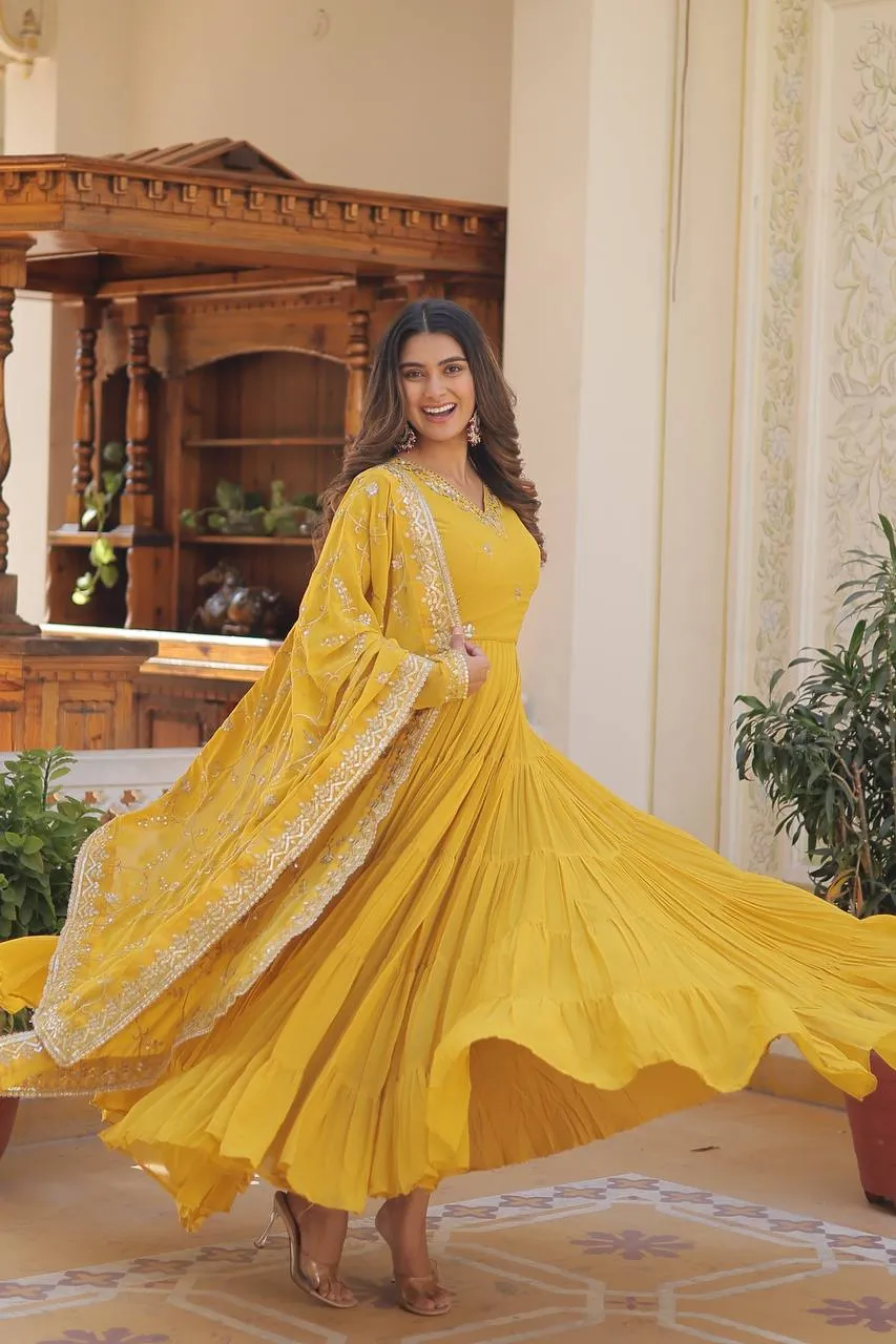 Yellow Captivating Unique Colored Faux Georgette Embroidered Gown with Sequined Dupatta