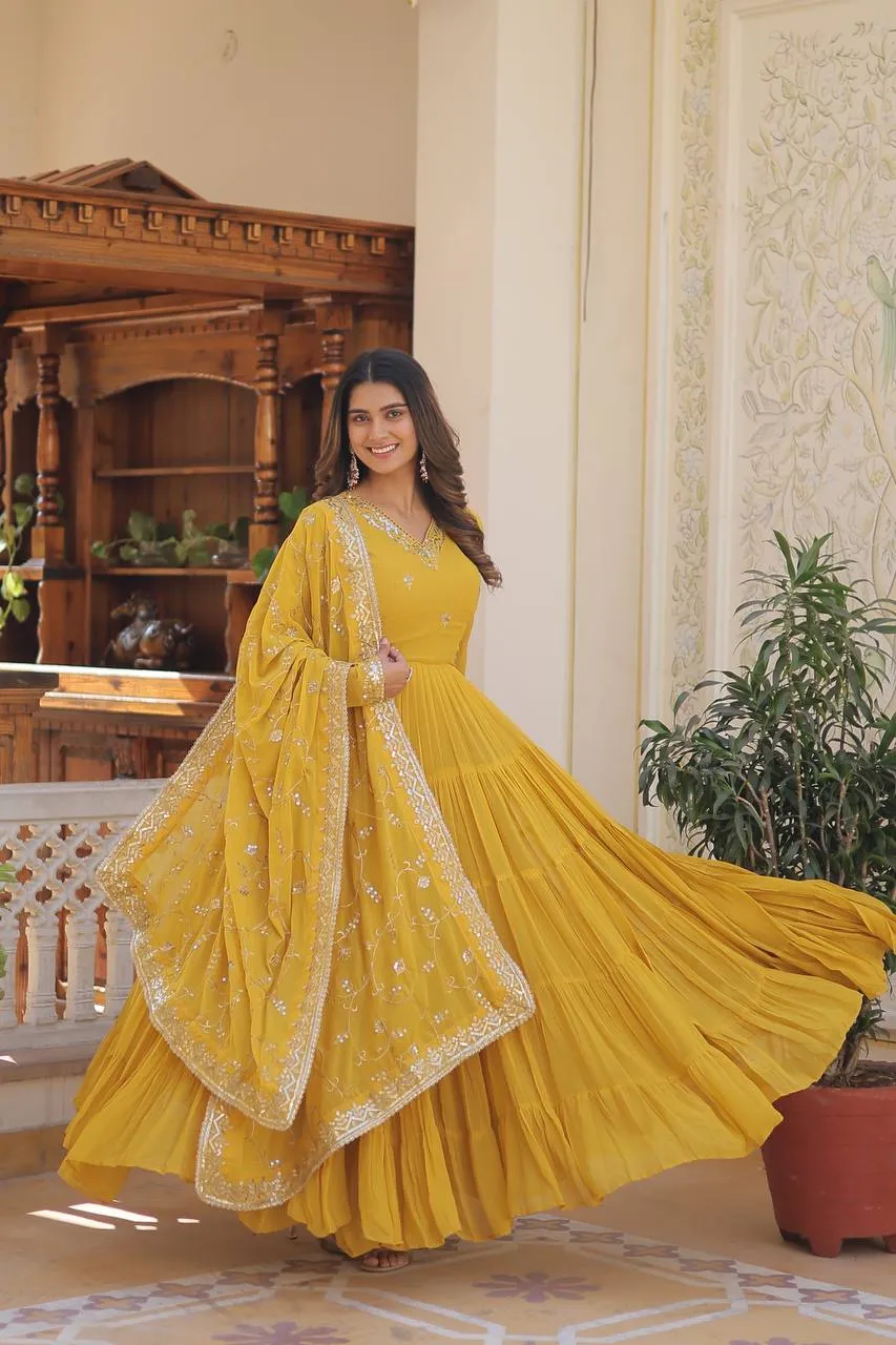 Yellow Captivating Unique Colored Faux Georgette Embroidered Gown with Sequined Dupatta